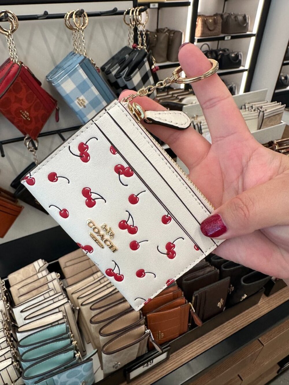 NWT! Coach CFA32 Mini Skinny ID Case With Cherry Print Gold/Chalk Multi